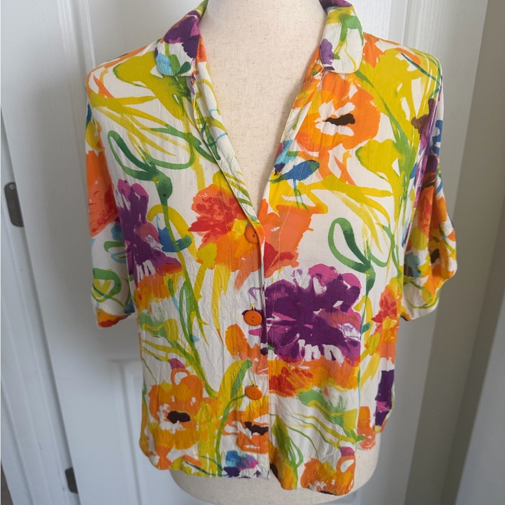 Jams World Women’s S Flower Dream Hawaiian Floral Shirt Button Up Tropical Artsy - Picture 11 of 11